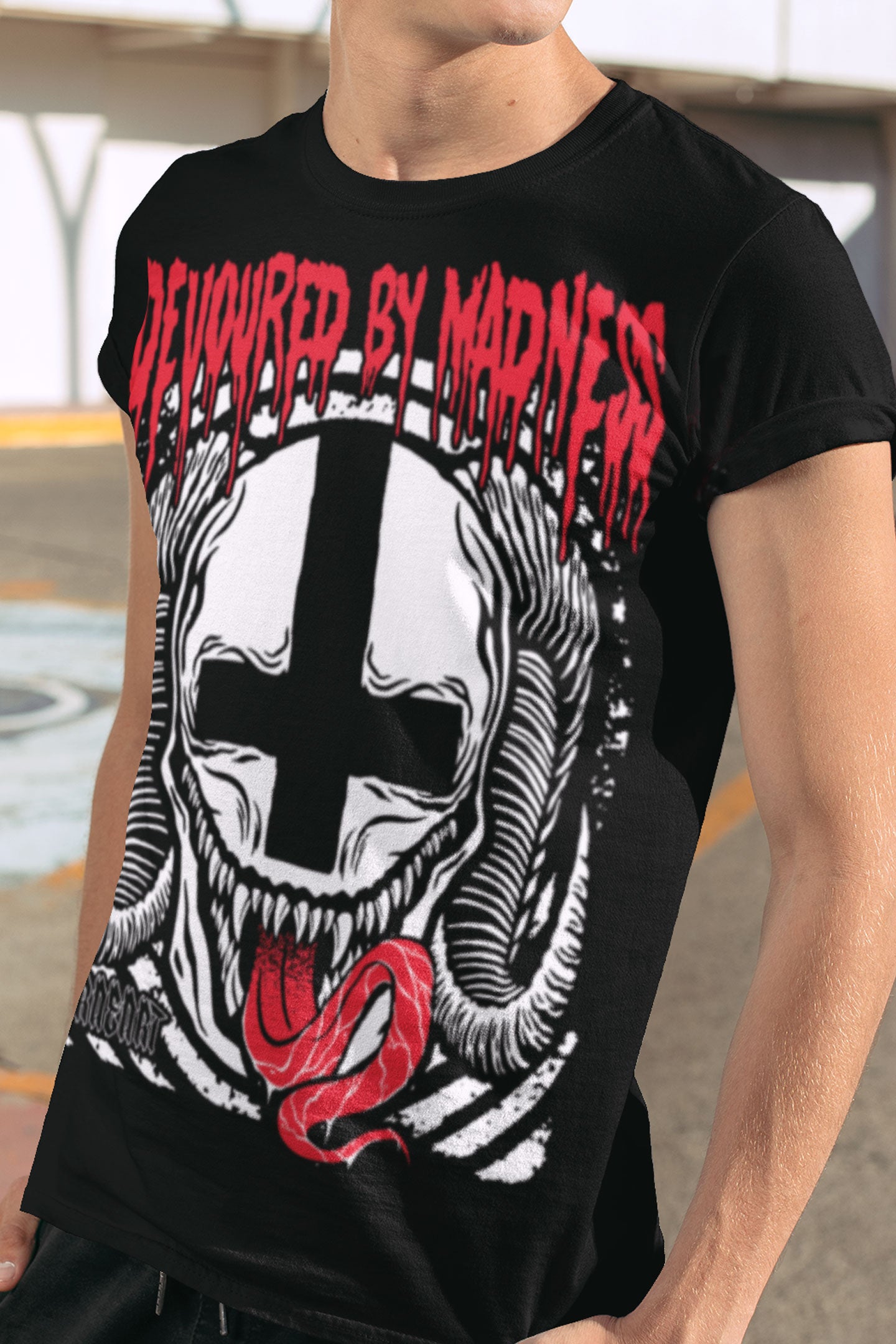 Gothic Violator metal monster with ram horns t-shirt. Tattoo inspired Dark Art by Xraeart Clothing alternative streetwear.