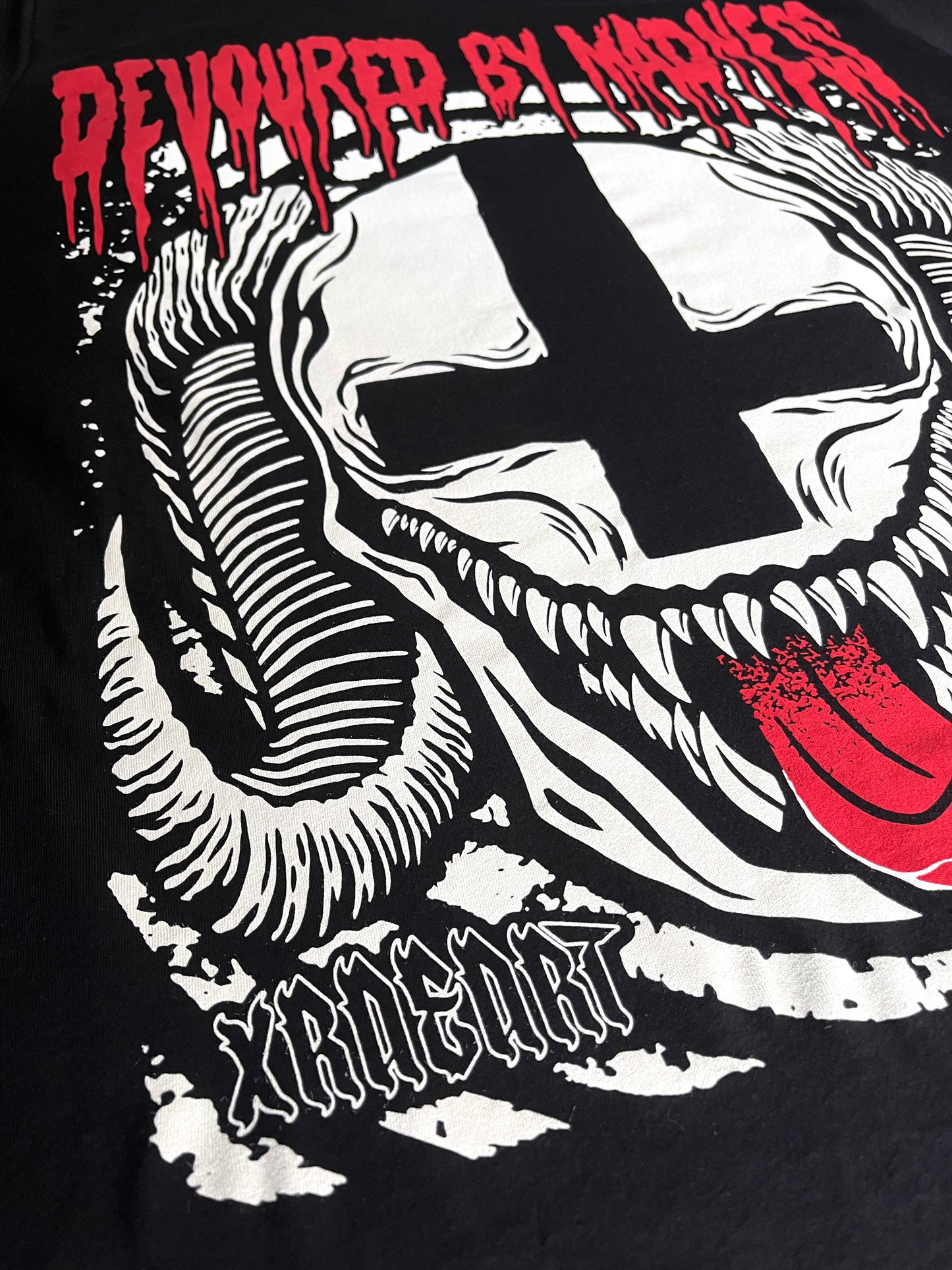 Black goth Vampire Booty Shorts with white trim. Tattoo inspired Dark Art by Xraeart Clothing alternative streetwear.