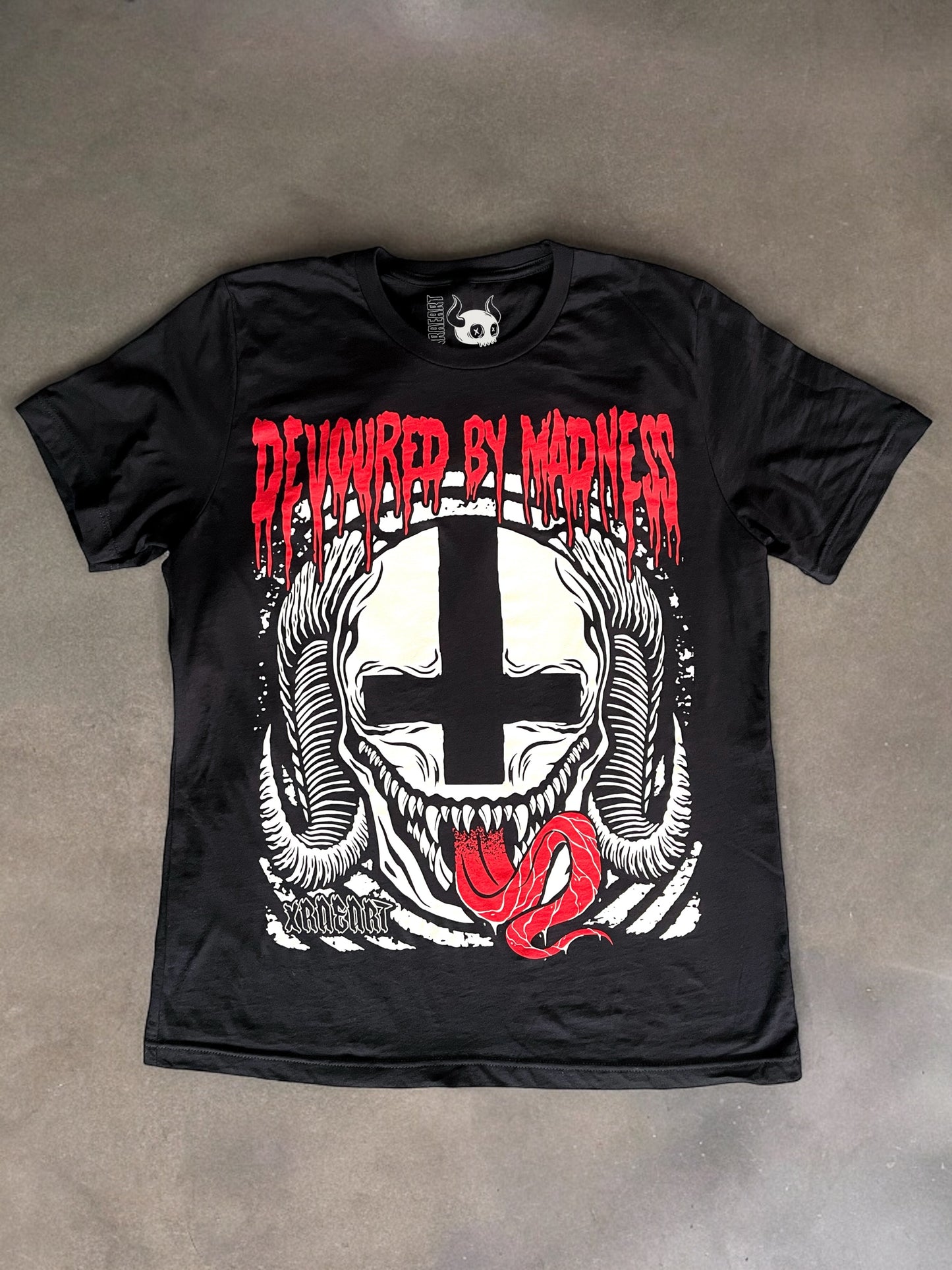 Black goth Vampire Booty Shorts with white trim. Tattoo inspired Dark Art by Xraeart Clothing alternative streetwear.