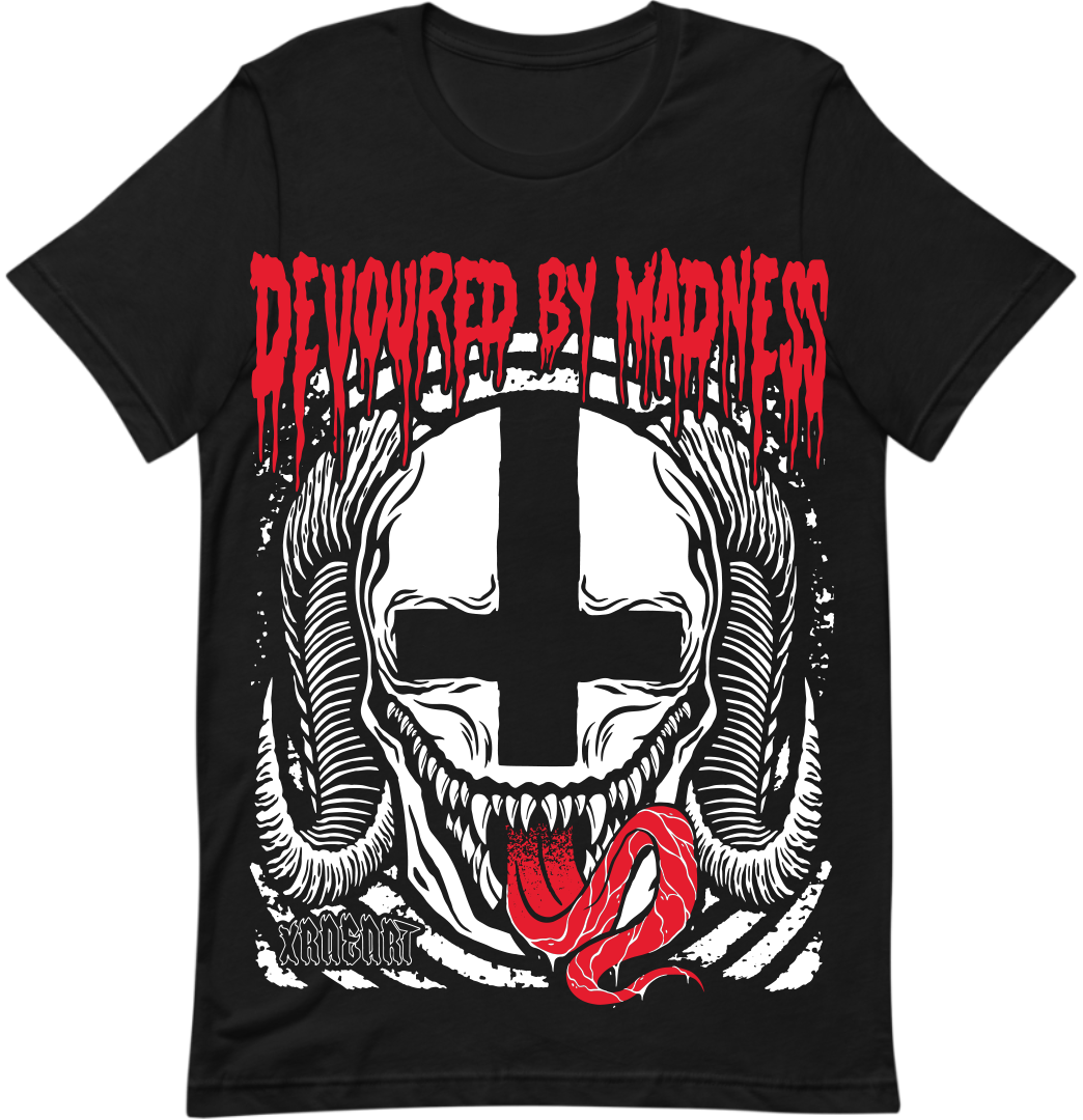 Black goth Vampire Booty Shorts with white trim. Tattoo inspired Dark Art by Xraeart Clothing alternative streetwear.