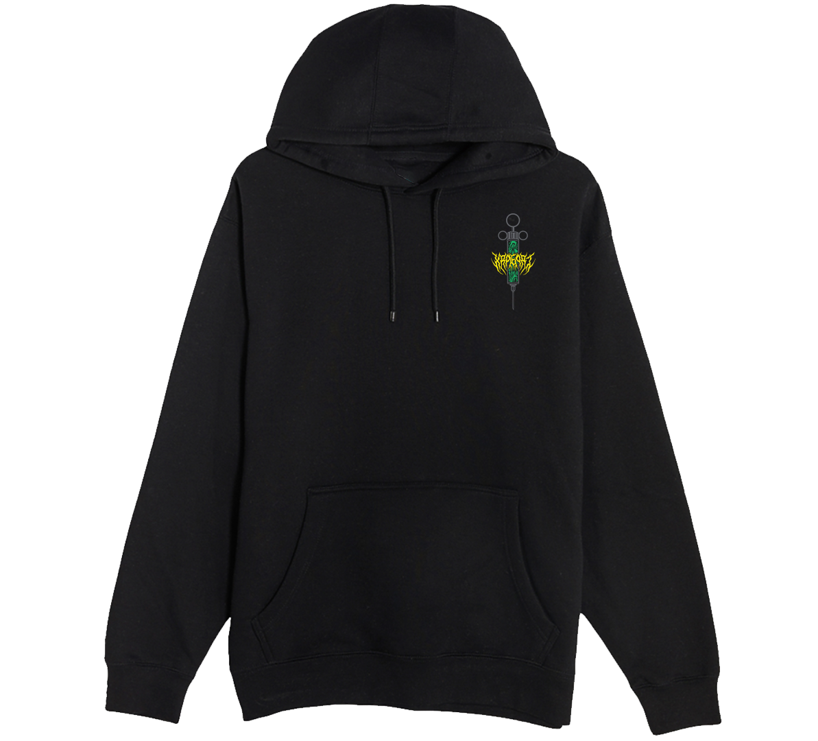 Metal band tee style, Spider hoodie holding needle in green and yellow web. Tattoo inspired Dark Art for mental health by Xraeart Clothing alternative streetwear.