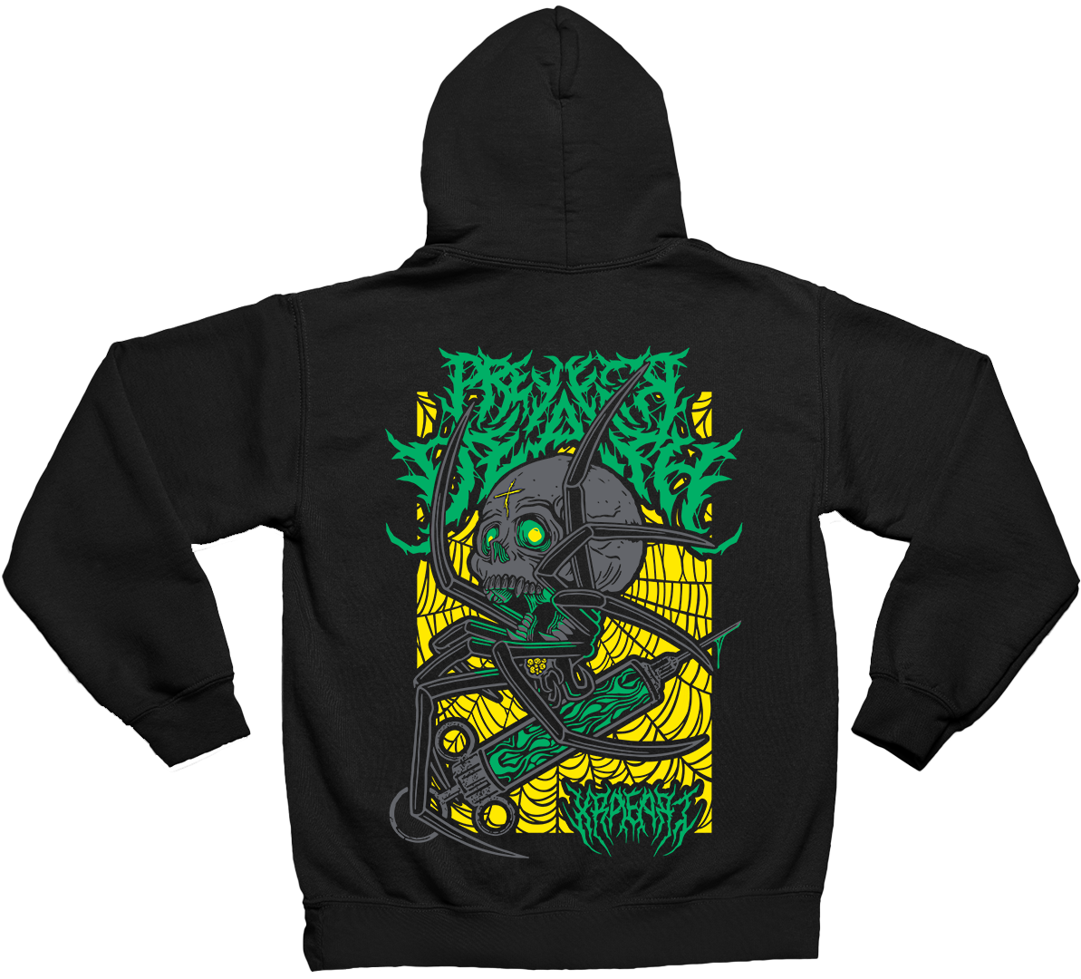 Metal band tee style, Spider hoodie holding needle in green and yellow web. Tattoo inspired Dark Art for mental health by Xraeart Clothing alternative streetwear.
