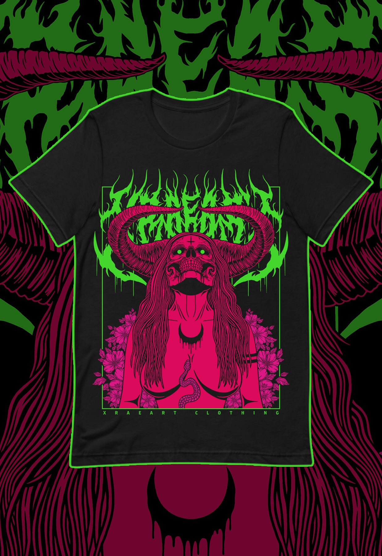 Succubus Witch demon in neon green, hot pink, magenta on black t-shirt with flowers and horns. Tattoo inspired Dark art tee for Mental Health by Xraeart Clothing alternative streetwear.