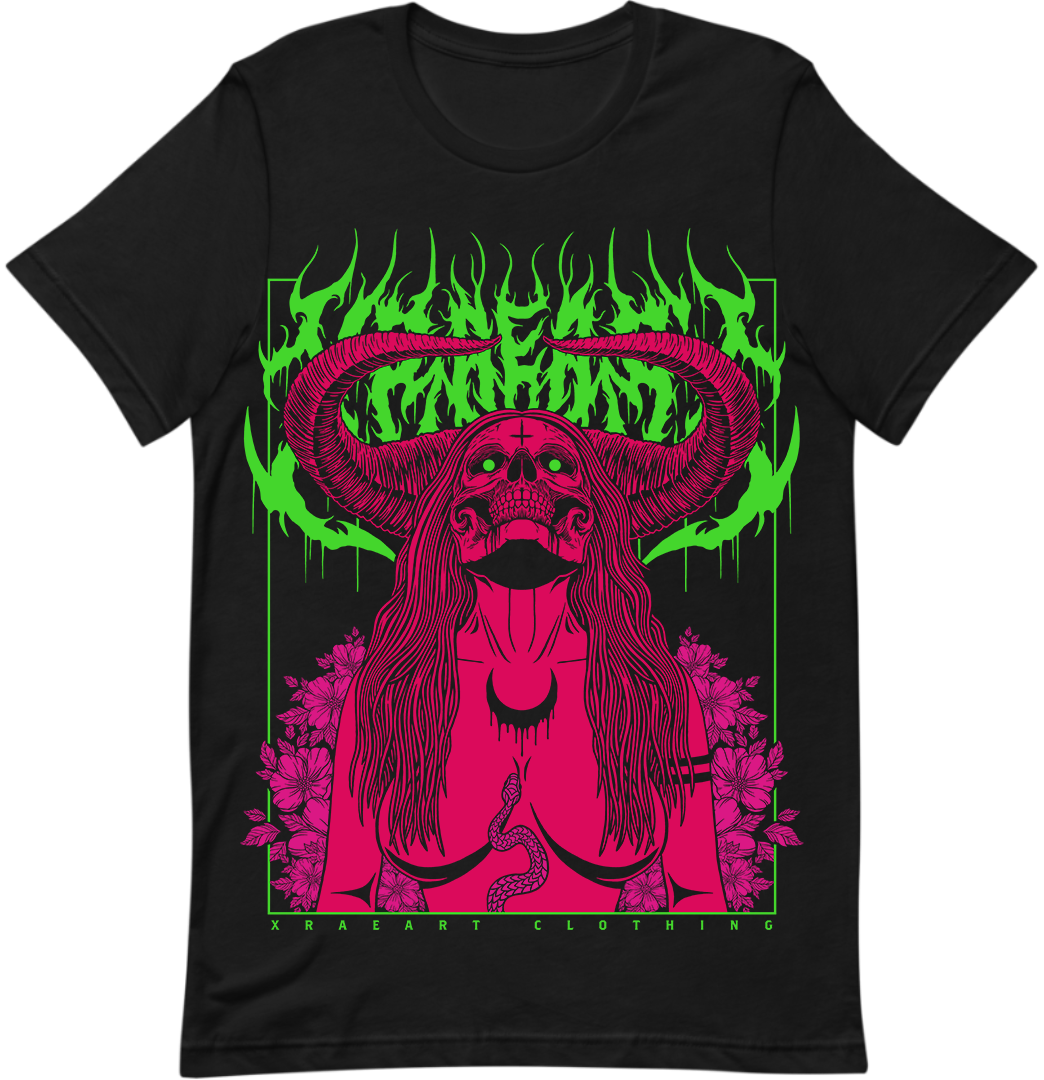 Succubus Witch demon in neon green, hot pink, magenta on black t-shirt with flowers and horns. Tattoo inspired Dark art tee for Mental Health by Xraeart Clothing alternative streetwear.
