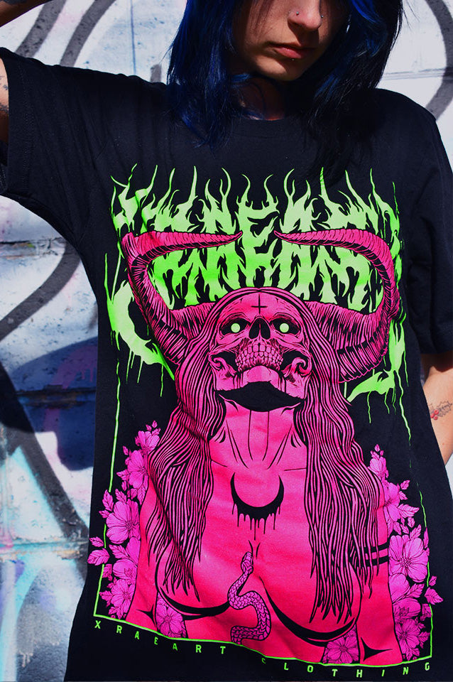 Succubus Witch demon in neon green, hot pink, magenta on black t-shirt with flowers and horns. Tattoo inspired Dark art tee for Mental Health by Xraeart Clothing alternative streetwear.