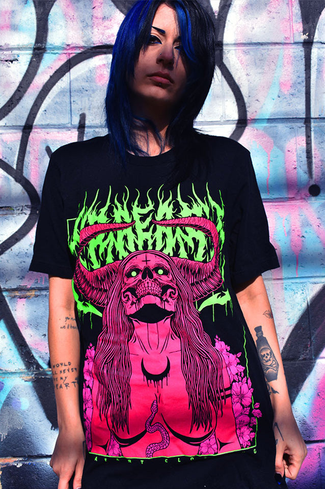 Succubus Witch demon in neon green, hot pink, magenta on black t-shirt with flowers and horns. Tattoo inspired Dark art tee for Mental Health by Xraeart Clothing alternative streetwear.