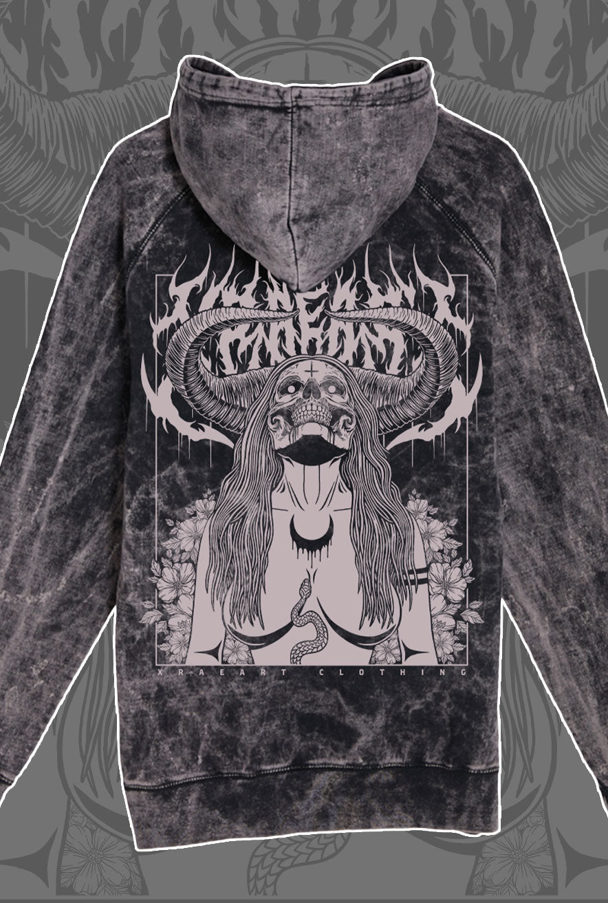 Succubus Witch demon on black vintage wash hoodie with flowers and horns. Tattoo inspired Dark art fleece for Mental Health by Xraeart Clothing streetwear.