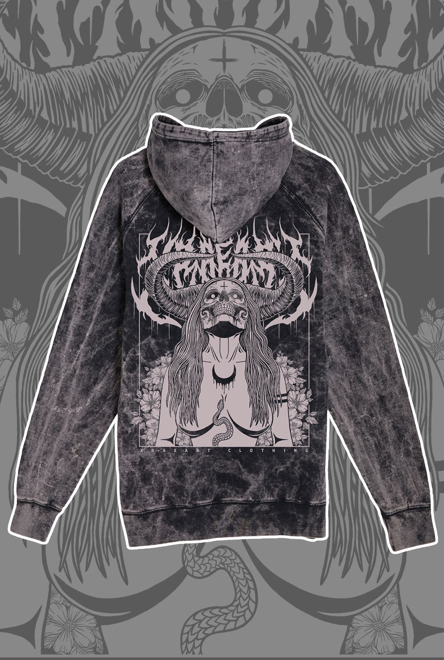 Succubus Witch demon on black vintage wash hoodie with flowers and horns. Tattoo inspired Dark art fleece for Mental Health by Xraeart Clothing streetwear.