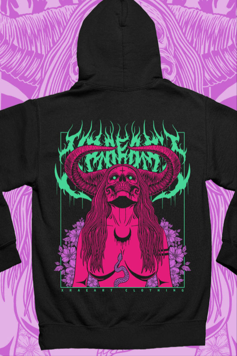 Succubus Witch demon in neon pink, mint, violet on black hoodie with flowers and horns. Tattoo inspired Dark art fleece for Mental Health by Xraeart Clothing alternative streetwear.
