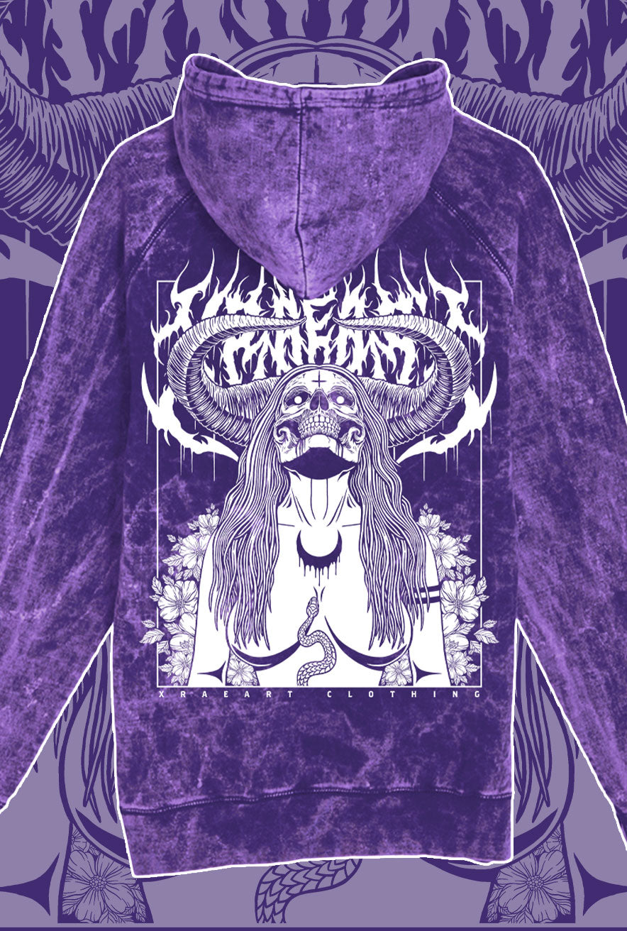 Succubus Witch demon on purple vintage wash hoodie with flowers and horns. Tattoo inspired Dark art fleece for Mental Health by Xraeart Clothing alternative streetwear.