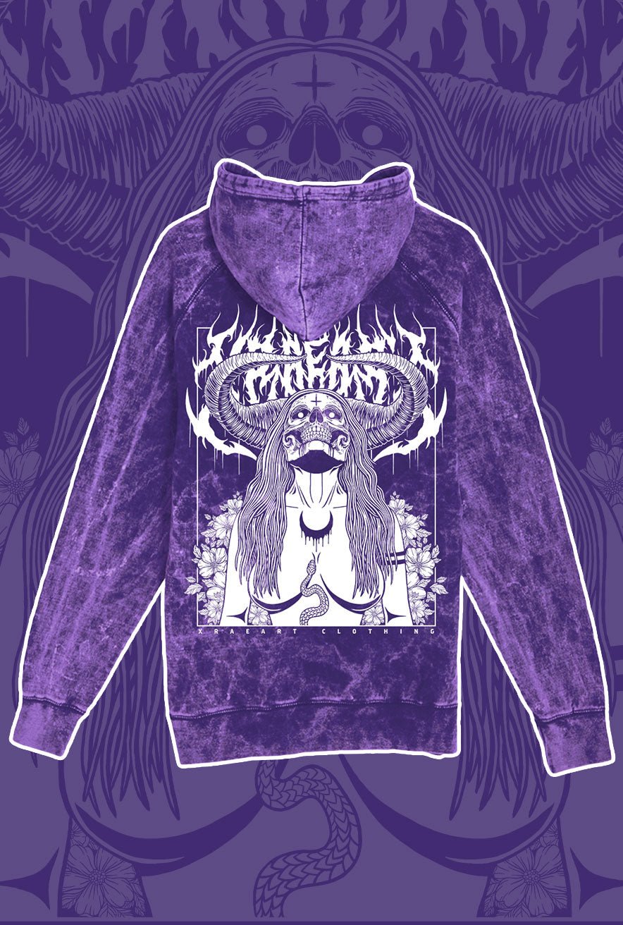 Succubus Witch demon on purple vintage wash hoodie with flowers and horns. Tattoo inspired Dark art fleece for Mental Health by Xraeart Clothing alternative streetwear.
