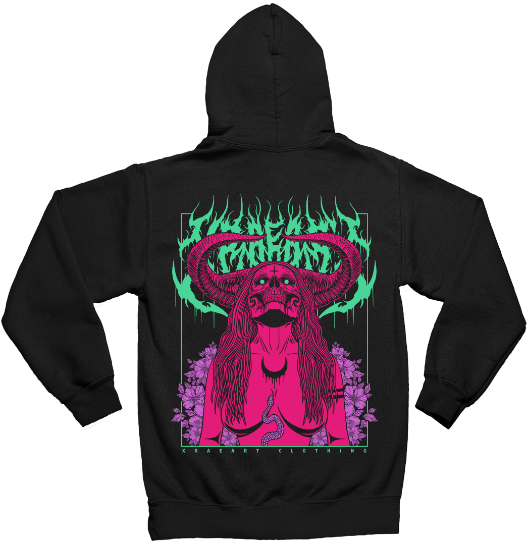Succubus Witch demon in neon pink, mint, violet on black hoodie with flowers and horns. Tattoo inspired Dark art fleece for Mental Health by Xraeart Clothing alternative streetwear.