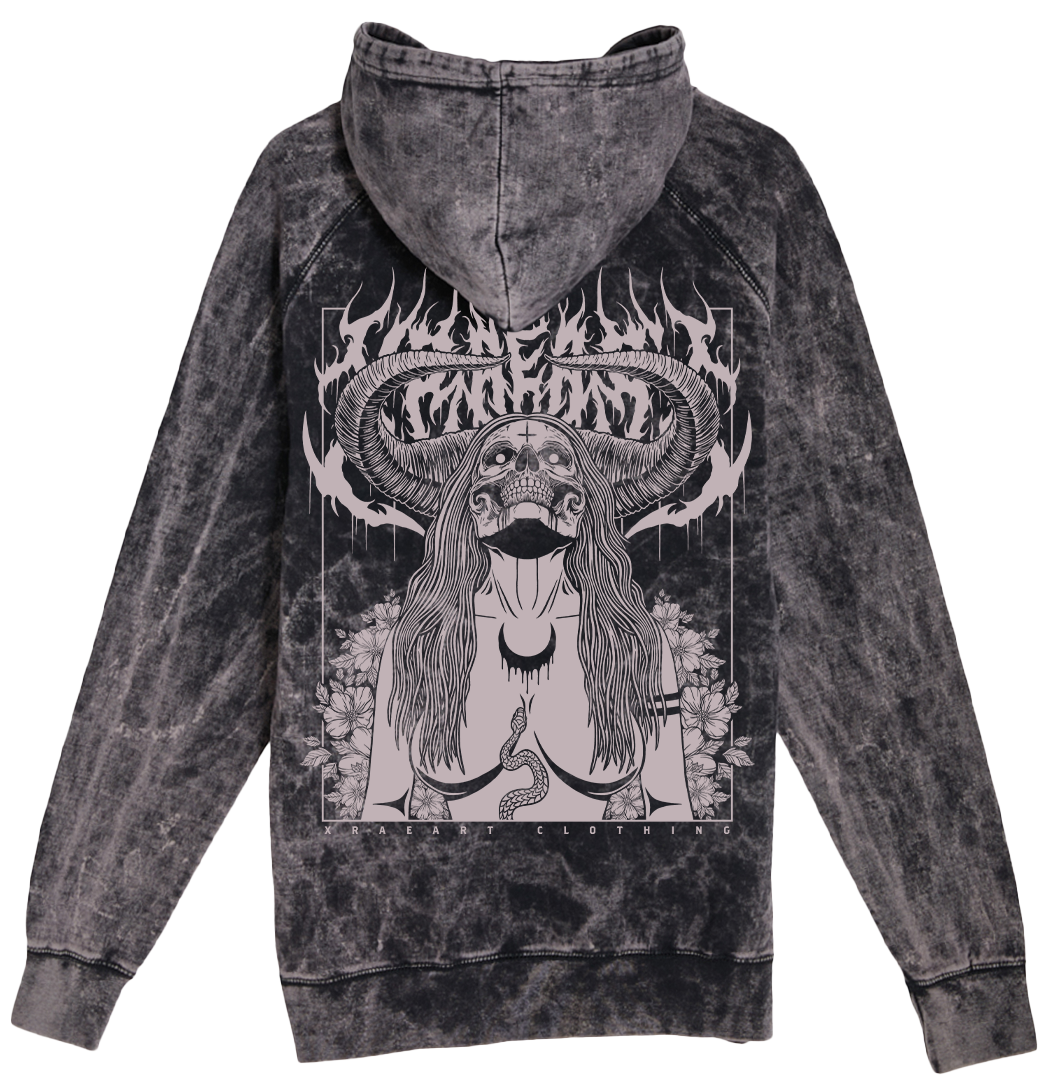 Succubus Witch demon on black vintage wash hoodie with flowers and horns. Tattoo inspired Dark art fleece for Mental Health by Xraeart Clothing streetwear.