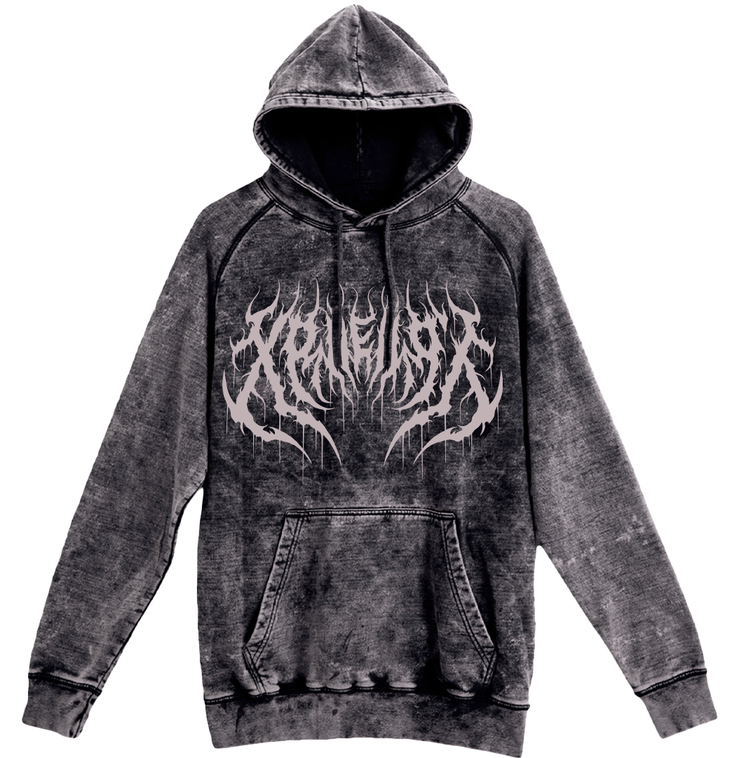 Succubus Witch demon on black vintage wash hoodie with flowers and horns. Tattoo inspired Dark art fleece for Mental Health by Xraeart Clothing streetwear.