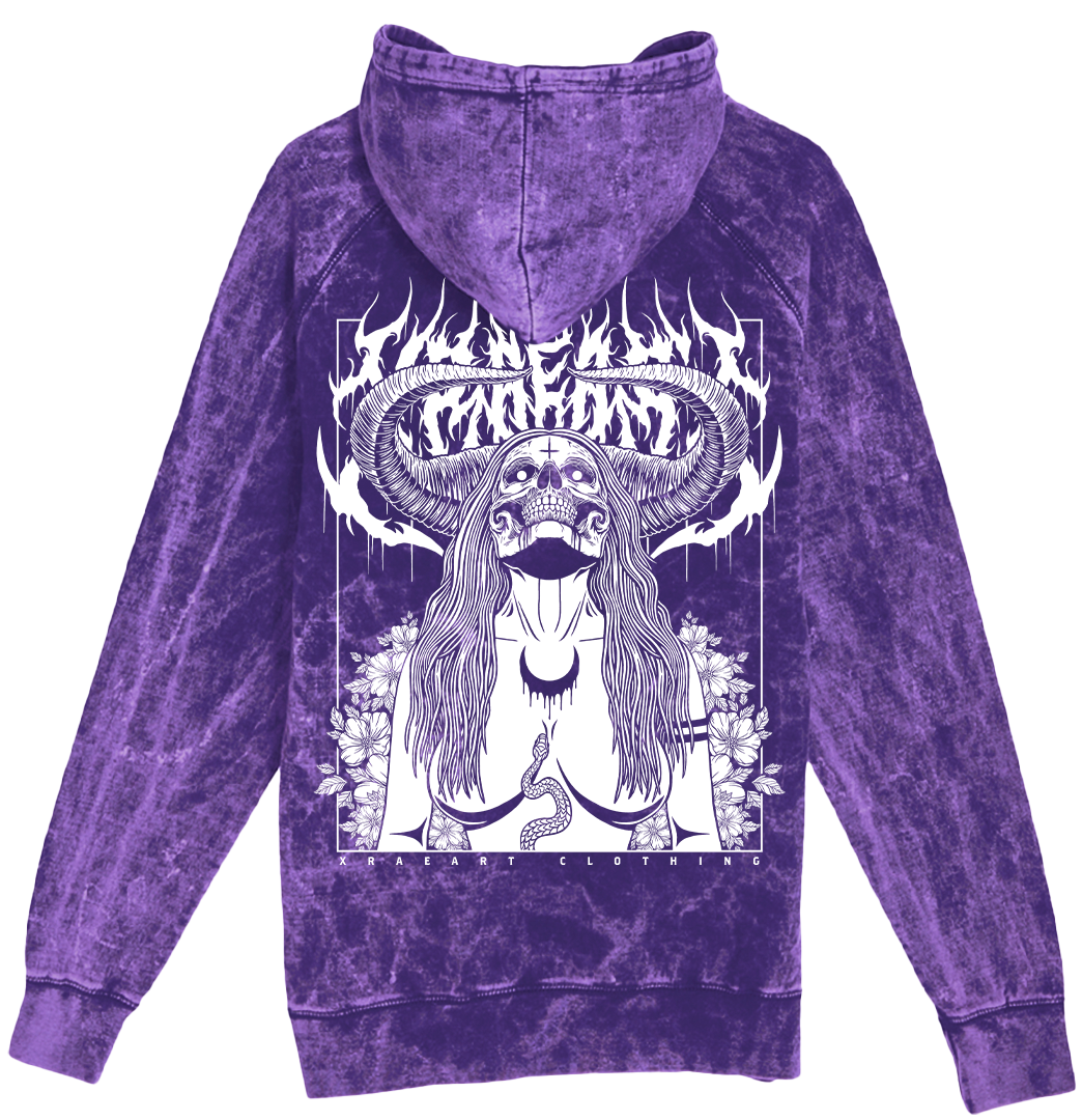 Succubus Witch demon on purple vintage wash hoodie with flowers and horns. Tattoo inspired Dark art fleece for Mental Health by Xraeart Clothing alternative streetwear.