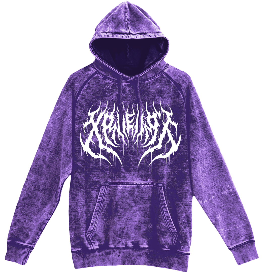 Succubus Witch demon on purple vintage wash hoodie with flowers and horns. Tattoo inspired Dark art fleece for Mental Health by Xraeart Clothing alternative streetwear.
