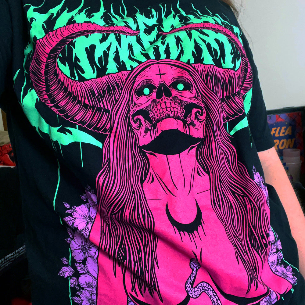 Succubus Witch demon in neon pink, mint, violet on black t-shirt with flowers and horns. Tattoo inspired Dark art tee for Mental Health by Xraeart Clothing alternative streetwear.
