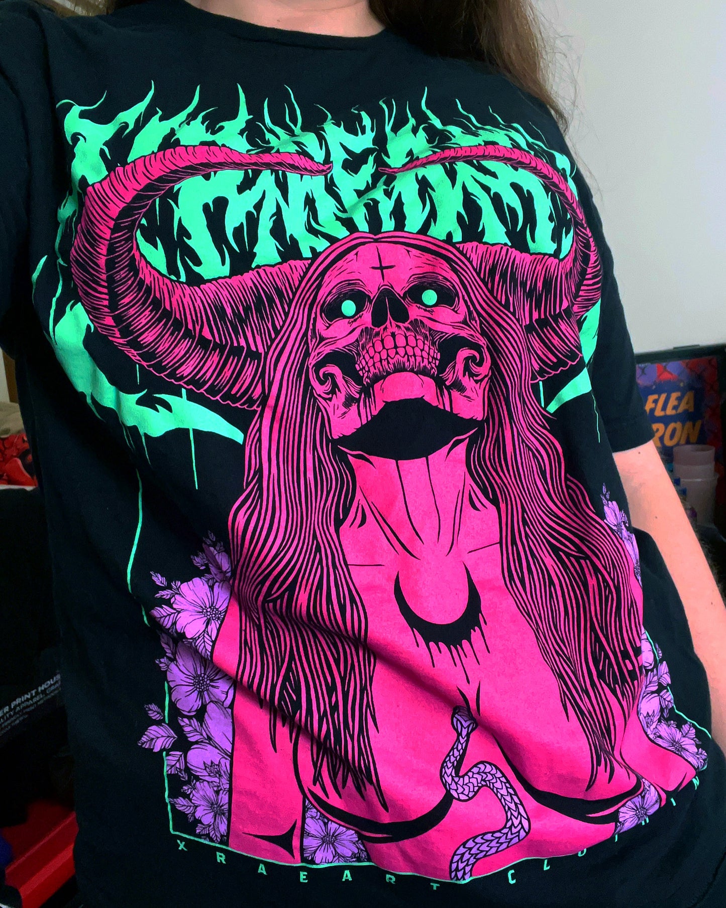 Succubus Witch demon in neon pink, mint, violet on black t-shirt with flowers and horns. Tattoo inspired Dark art tee for Mental Health by Xraeart Clothing alternative streetwear.