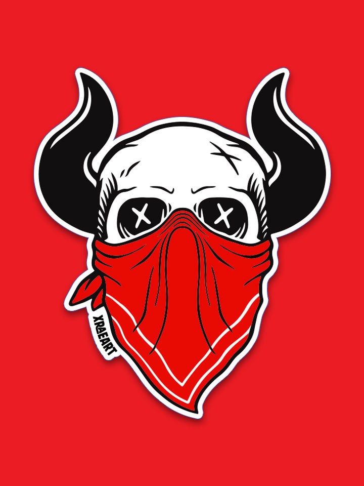 Skull with large horns and handkerchief mask over face to look like a bandit. Large waterproof vinyl sticker