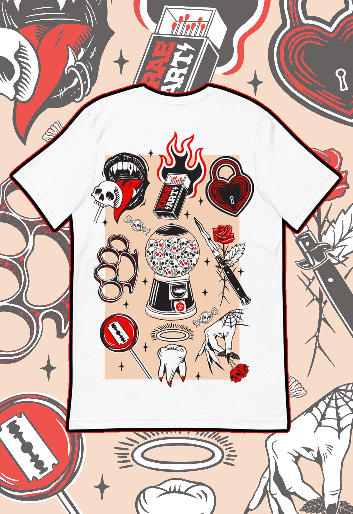 White short sleeve, tattoo flash t-shirt with switchblade, brass knuckles, razor blades and locket. Tattoo inspired Dark Art by Xraeart Clothing alternative streetwear.