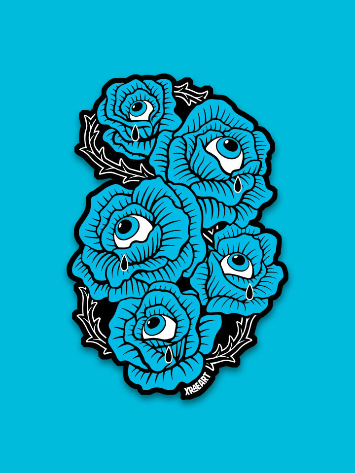 Eyeball rose tattoo design in blue, black and white. Thorns twisting around roses and eyeballs are crying. Large waterproof vinyl sticker.