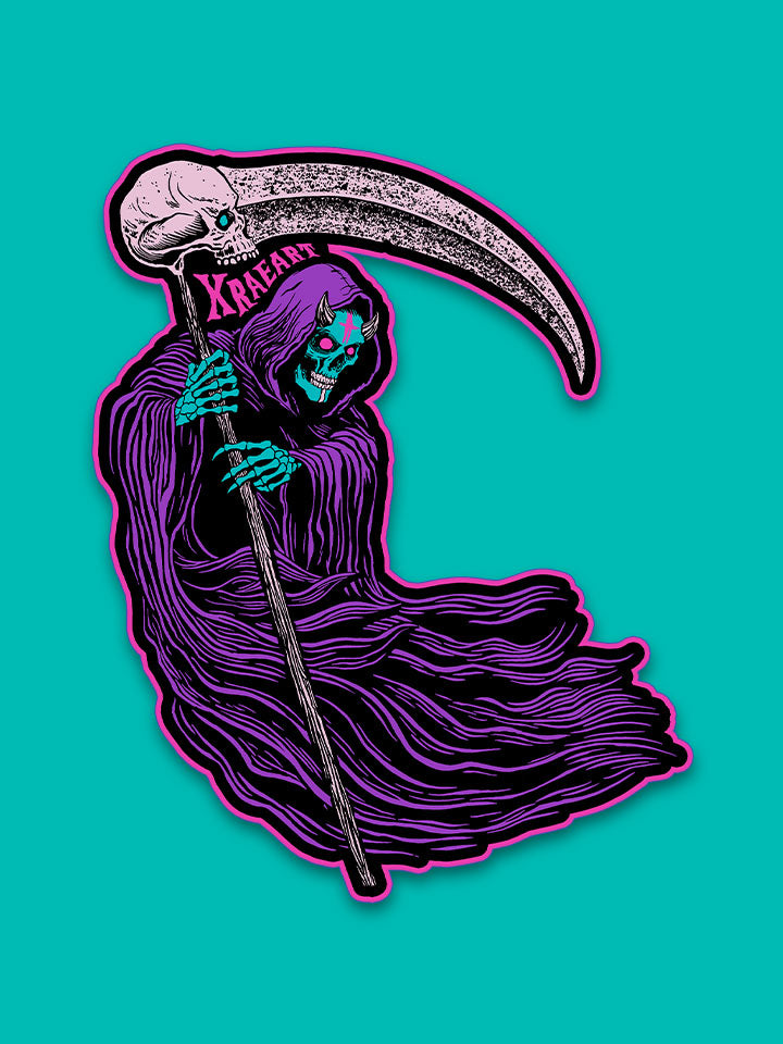 Original dark art sticker of a reaper in a purple cloak with horns and an evil grin, holding a skull scythe while it floats in the air.