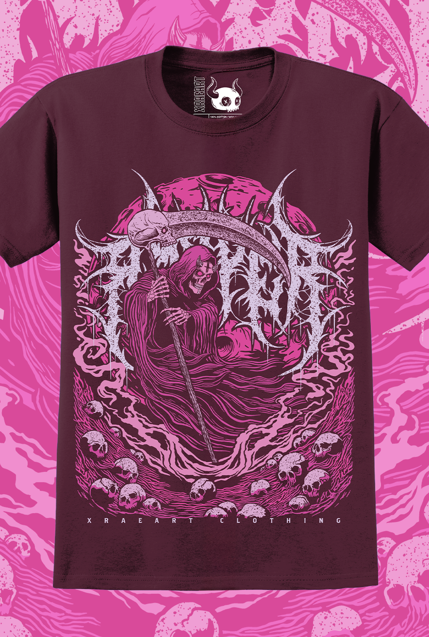 Grim Reaper, Skulls, Neon colors and Scythe Metal T-shirt design. Tattoo inspired dark art Mental Health tee in Maroon and Pink by Xraeart Clothing alternative streetwear.