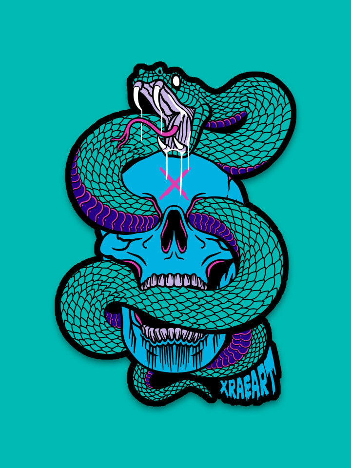 Snake twisted into open skull mouth and eyes in bright vibrant cool color palette of blue, teal and purple. Large waterproof vinyl sticker.