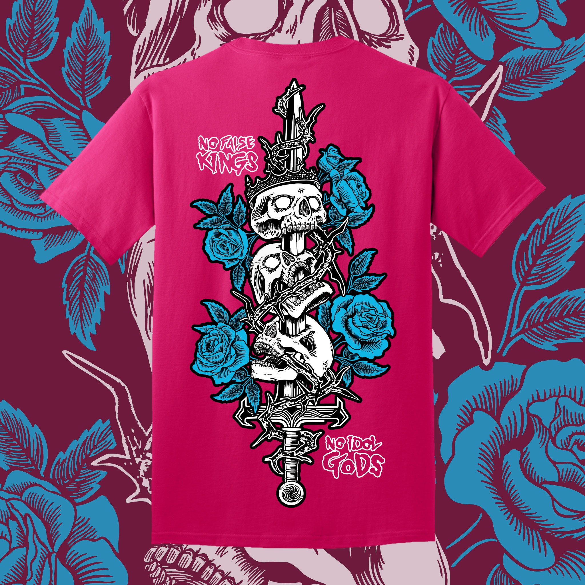 NO FALSE KINGS NO IDOL GODS T-Shirt (Pink/Blue) – XRAEART CLOTHING