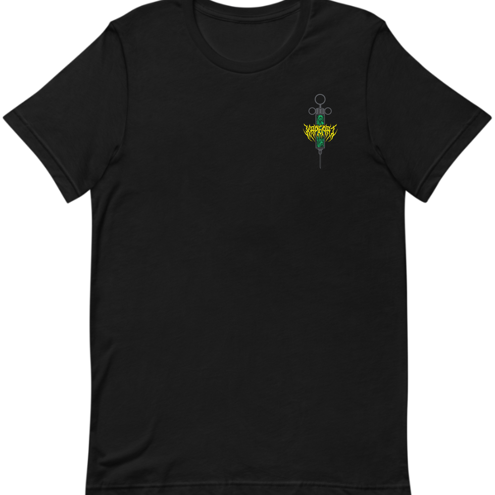 
                  
                    Metal band tee, Spider t-shirt holding needle in green and yellow web. Tattoo inspired Dark Art for mental health by Xraeart Clothing alternative streetwear.
                  
                