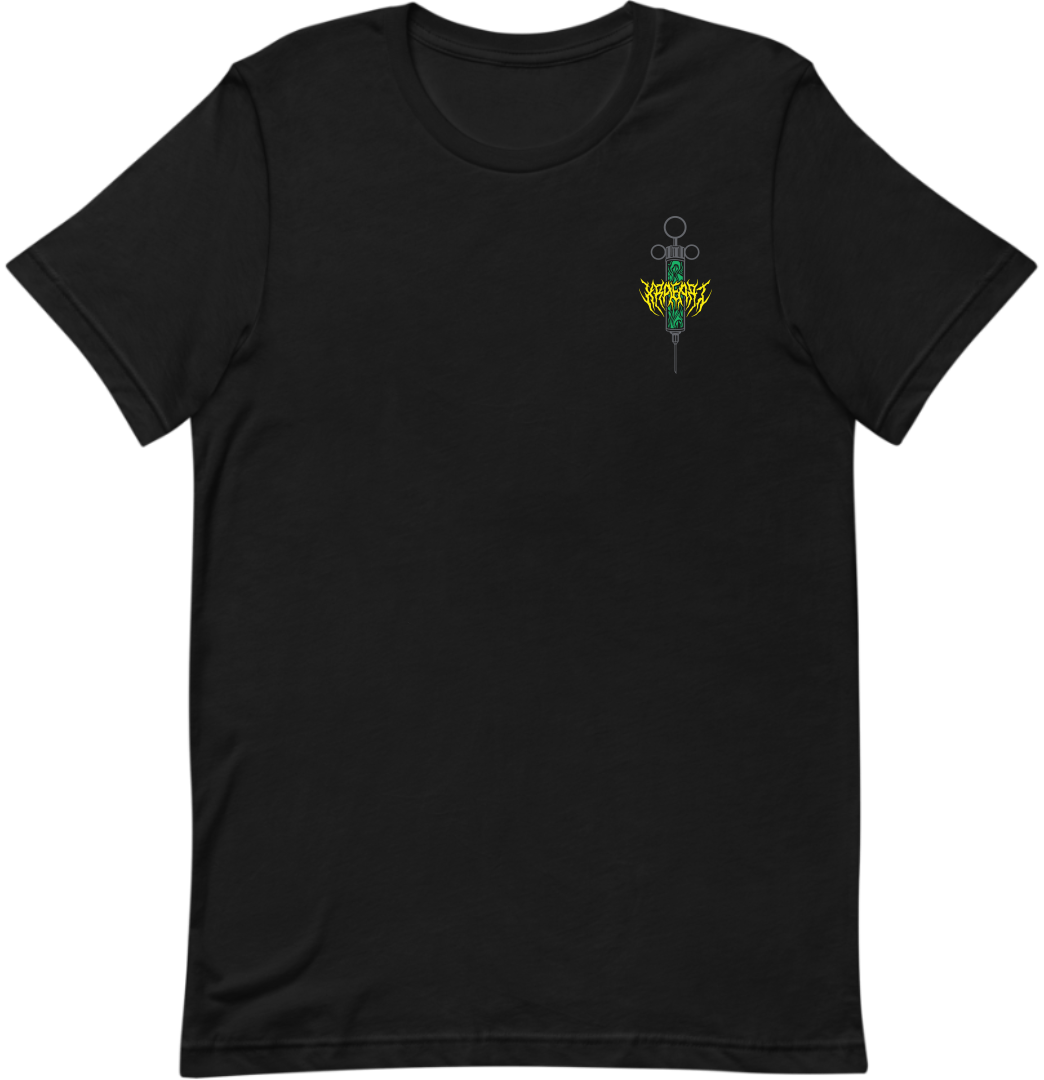 Metal band tee, Spider t-shirt holding needle in green and yellow web. Tattoo inspired Dark Art for mental health by Xraeart Clothing alternative streetwear.