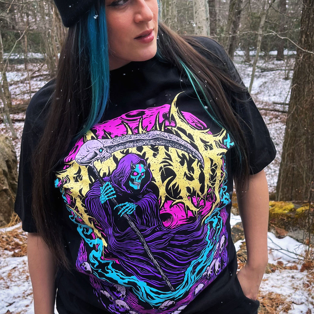 Grim Reaper, Skulls, Neon colors and Scythe Metal T-shirt design. Tattoo inspired dark art Mental Health tee by Xraeart Clothing alternative streetwear.