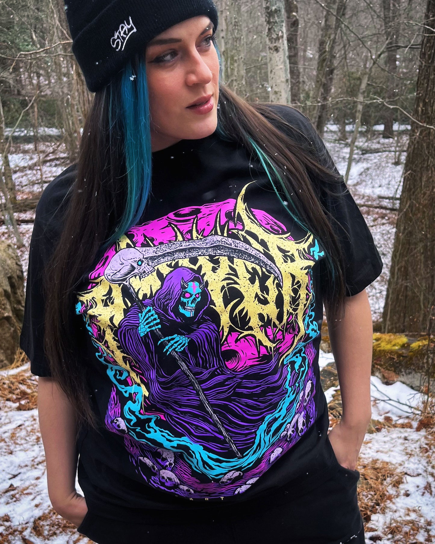Grim Reaper, Skulls, Neon colors and Scythe Metal T-shirt design. Tattoo inspired dark art Mental Health tee by Xraeart Clothing alternative streetwear.