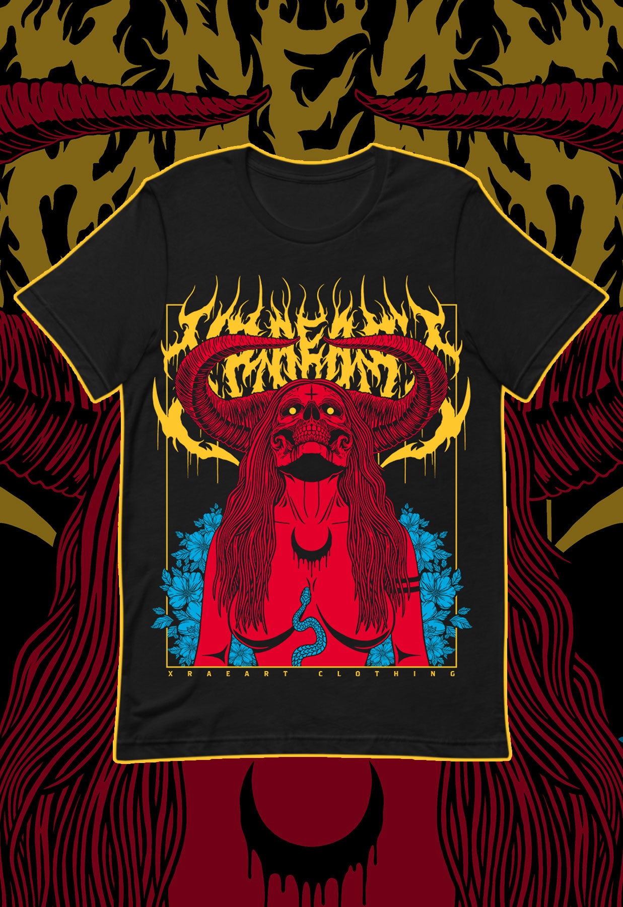 Succubus Witch demon in red, yellow, blue on black  t-shirt with flowers and horns. Tattoo inspired Dark art tee for Mental Health by Xraeart Clothing alternative streetwear.