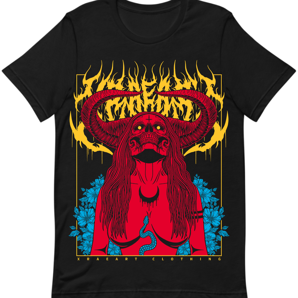 Succubus Witch demon in red, yellow, blue on black  t-shirt with flowers and horns. Tattoo inspired Dark art tee for Mental Health by Xraeart Clothing alternative streetwear.