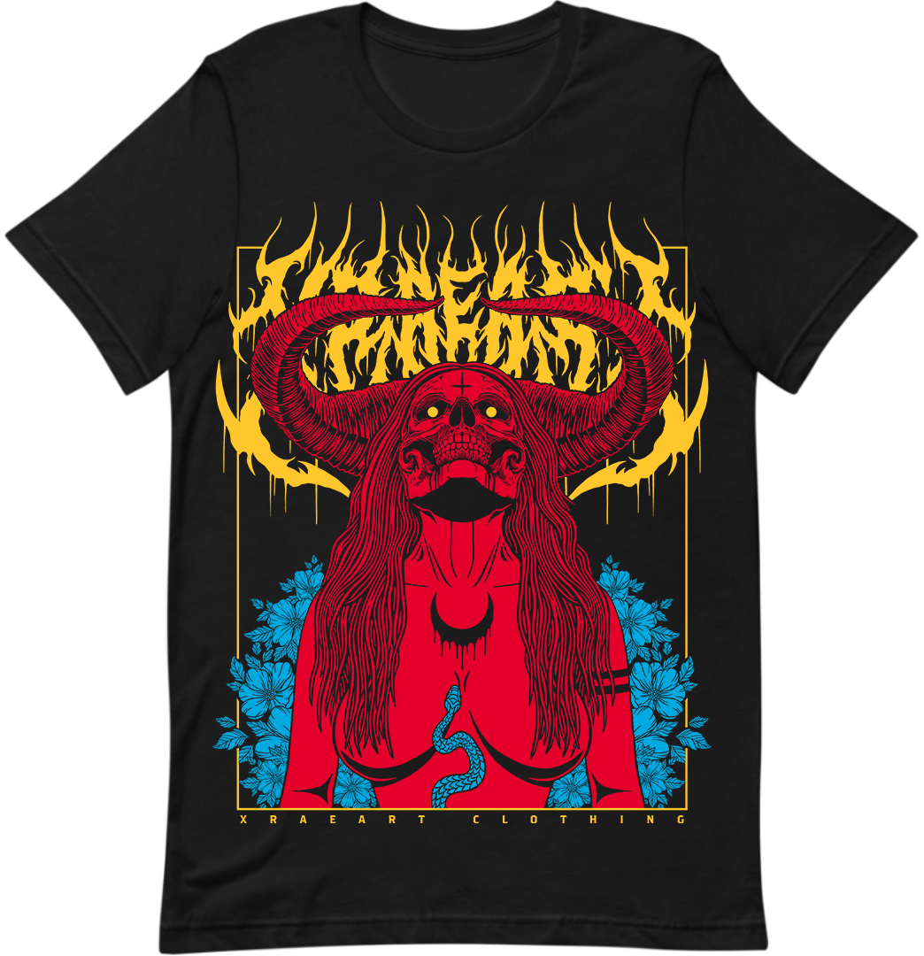 Succubus Witch demon in red, yellow, blue on black  t-shirt with flowers and horns. Tattoo inspired Dark art tee for Mental Health by Xraeart Clothing alternative streetwear.