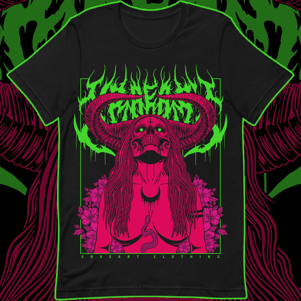 
                  
                    Succubus Witch demon in neon green, hot pink, magenta on black t-shirt with flowers and horns. Tattoo inspired Dark art tee for Mental Health by Xraeart Clothing alternative streetwear.
                  
                