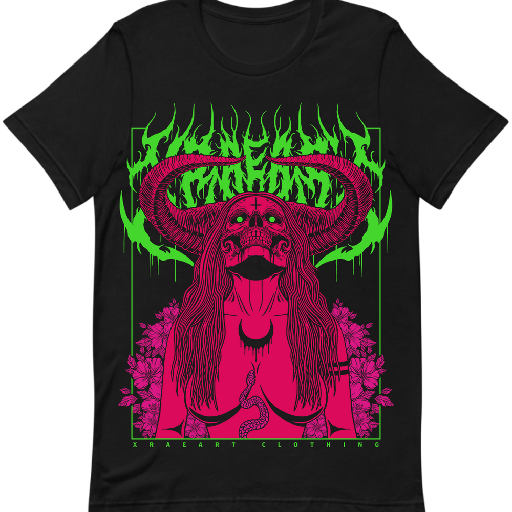 
                  
                    Succubus Witch demon in neon green, hot pink, magenta on black t-shirt with flowers and horns. Tattoo inspired Dark art tee for Mental Health by Xraeart Clothing alternative streetwear.
                  
                