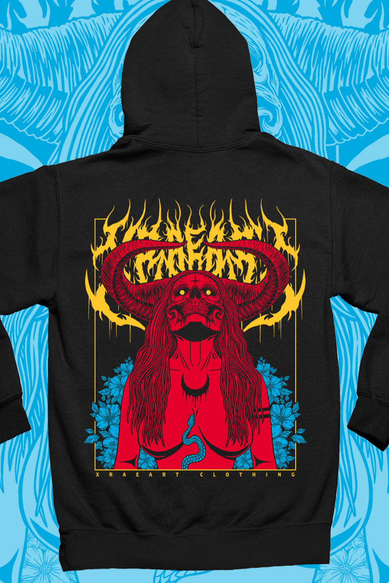 Succubus Witch demon in red, yellow, blue on black hoodie with flowers and horns. Tattoo inspired Dark art fleece for Mental Health by Xraeart Clothing alternative streetwear.