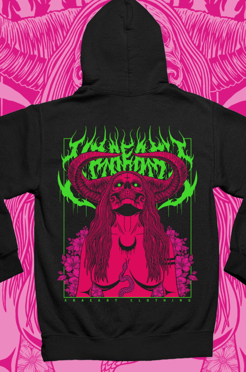 Succubus Witch demon in neon green, hot pink, magenta on black hoodie with flowers and horns. Tattoo inspired Dark art fleece for Mental Health by Xraeart Clothing alternative streetwear.
