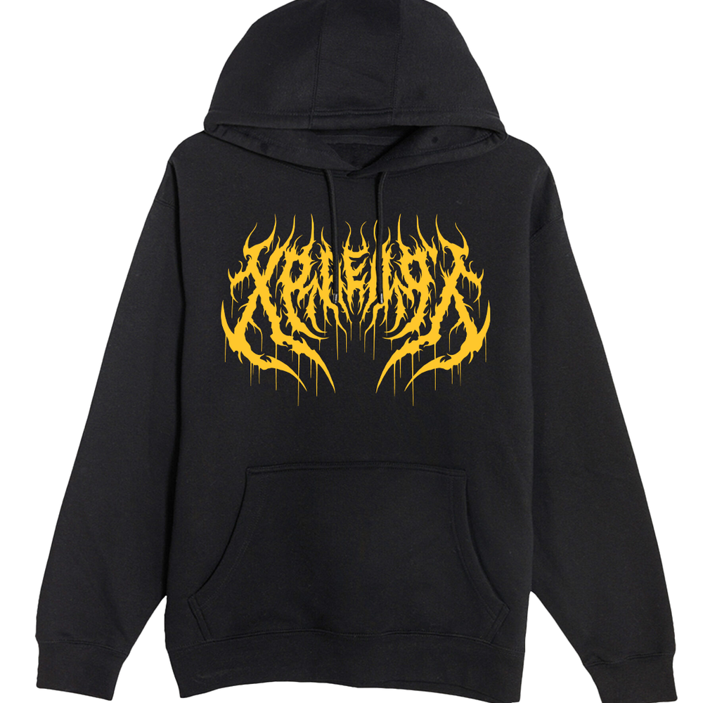 Succubus Witch demon in red, yellow, blue on black hoodie with flowers and horns. Tattoo inspired Dark art fleece for Mental Health by Xraeart Clothing alternative streetwear.