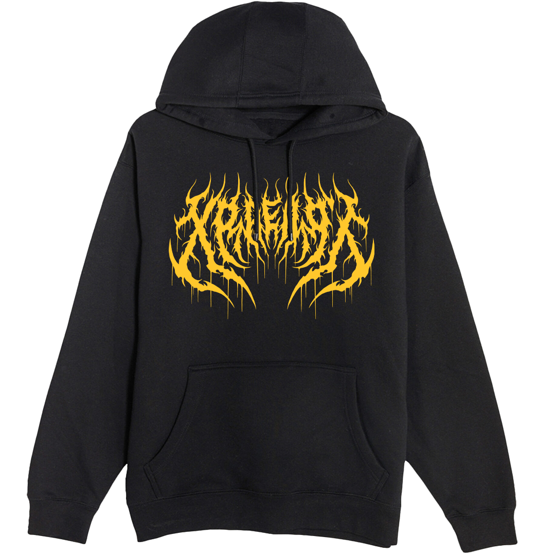 Succubus Witch demon in red, yellow, blue on black hoodie with flowers and horns. Tattoo inspired Dark art fleece for Mental Health by Xraeart Clothing alternative streetwear.