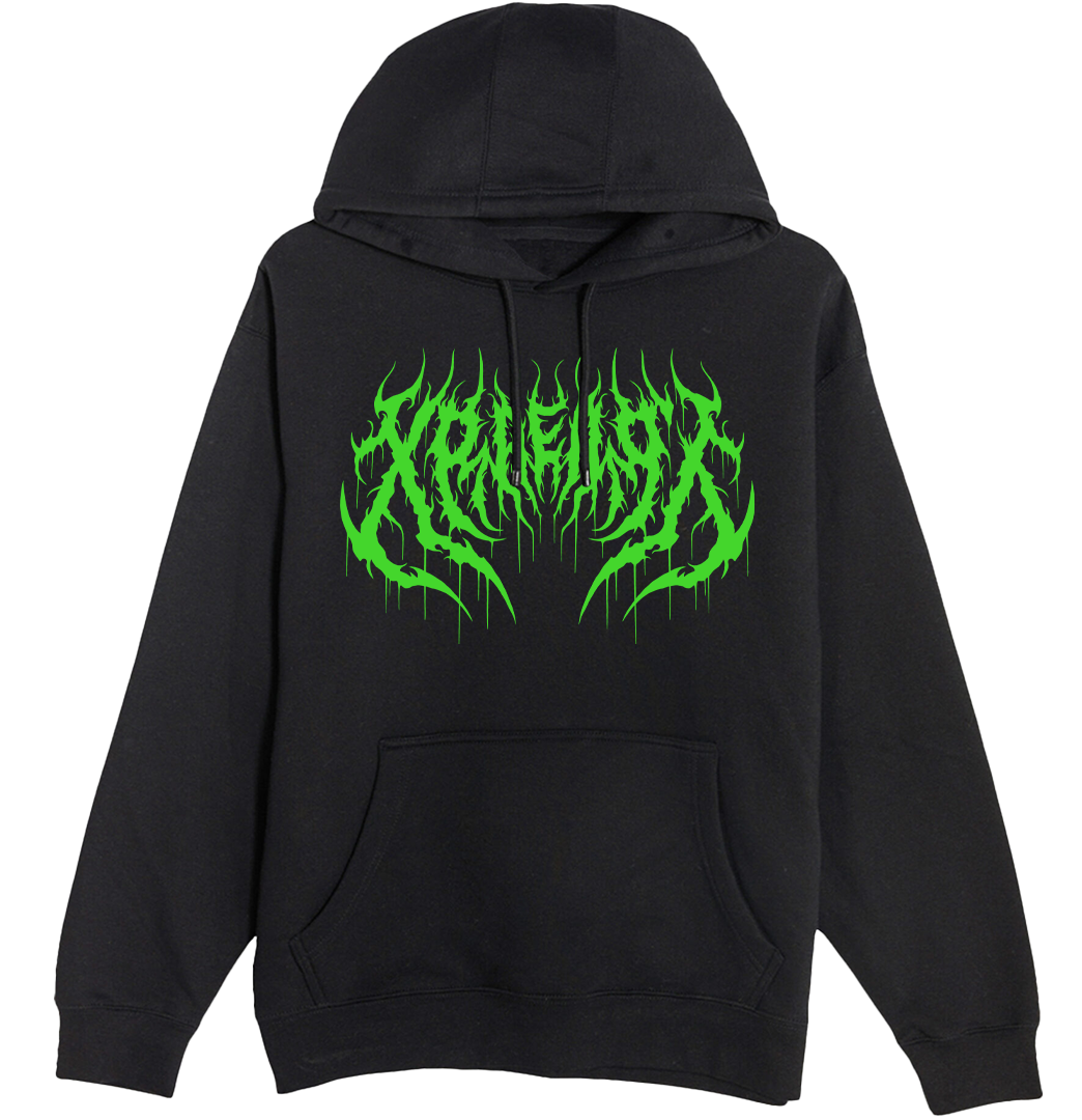 Succubus Witch demon in neon green, hot pink, magenta on black hoodie with flowers and horns. Tattoo inspired Dark art fleece for Mental Health by Xraeart Clothing alternative streetwear.