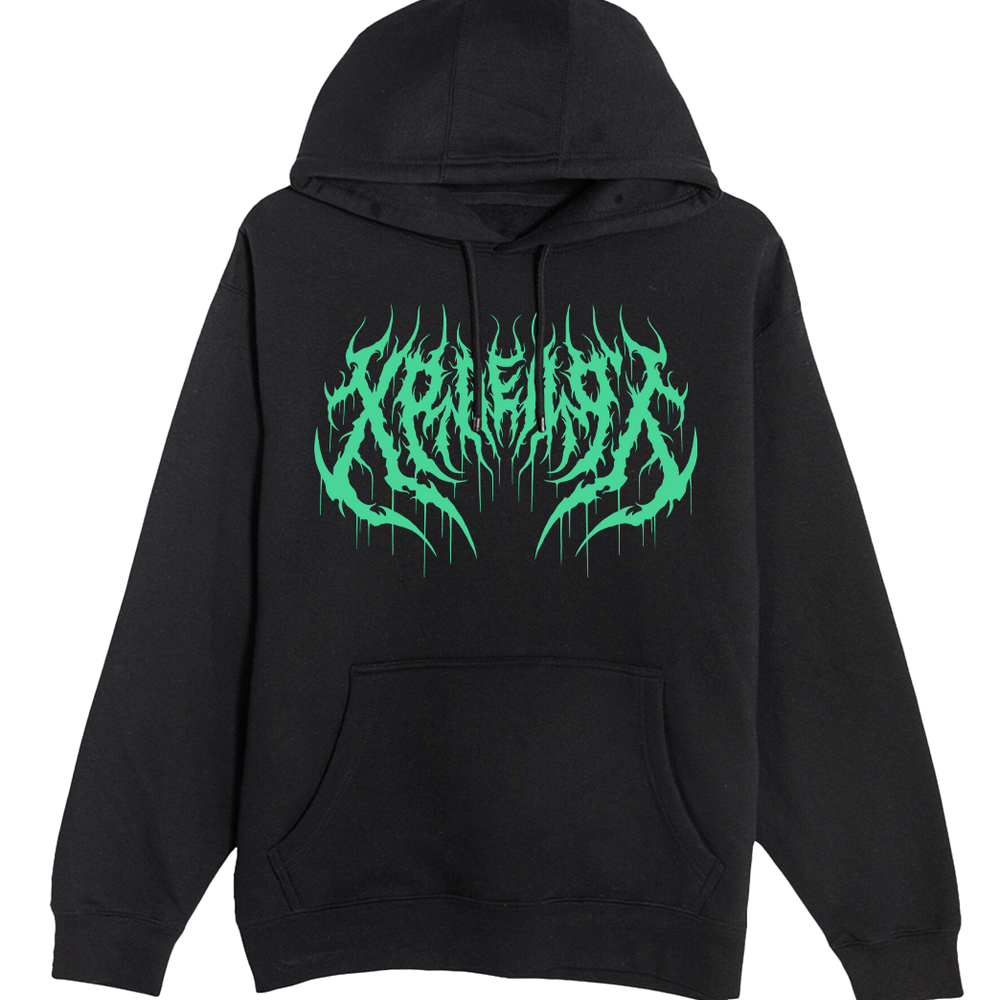 Succubus Witch demon in neon pink, mint, violet on black hoodie with flowers and horns. Tattoo inspired Dark art fleece for Mental Health by Xraeart Clothing alternative streetwear.