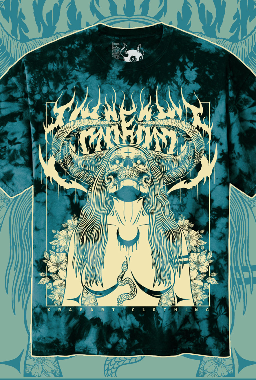 Succubus Witch demon on teal black vintage wash t-shirt with flowers and horns. Tattoo inspired Dark art tee for Mental Health by Xraeart Clothing alternative streetwear.