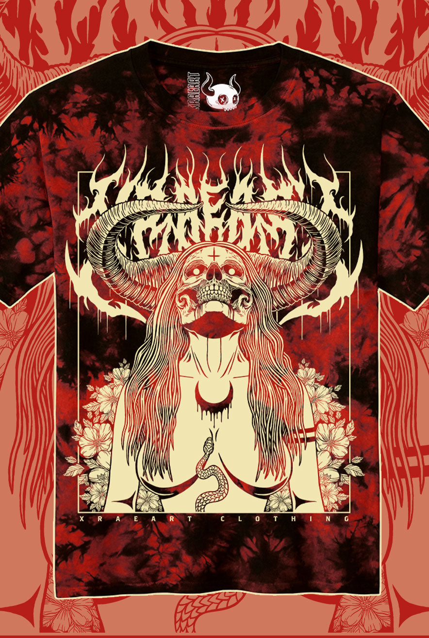 Succubus Witch demon on red black vintage wash t-shirt with flowers and horns. Tattoo inspired Dark art tee for Mental Health by Xraeart Clothing alternative streetwear.