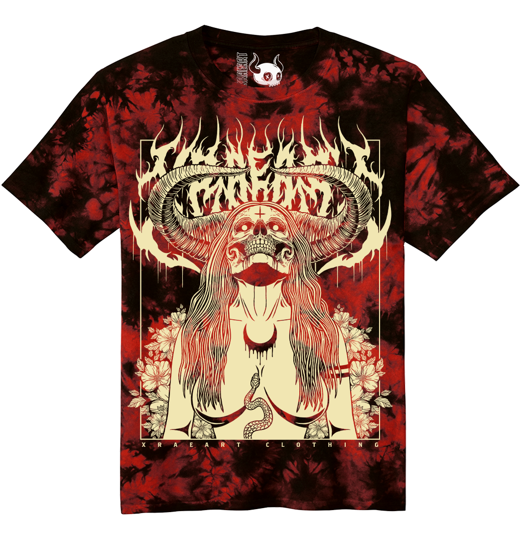Succubus Witch demon on red black vintage wash t-shirt with flowers and horns. Tattoo inspired Dark art tee for Mental Health by Xraeart Clothing alternative streetwear.