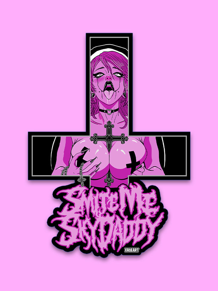 Sexy nun, waterproof vinyl sticker, holding breasts with open mouth in the shape of a crucifix. Words say phrase Smite Me Sky Daddy across the bottom.
