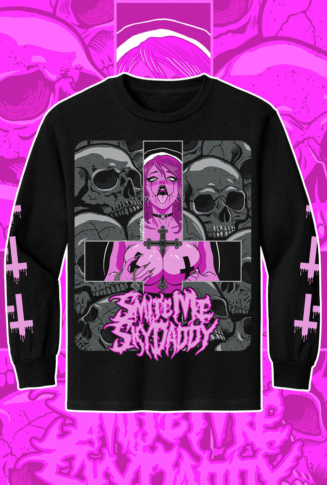 Long Sleeve sexy anime waifu nun with skulls and crosses in pink. Tattoo inspired Dark Art by Xraeart Clothing alternative streetwear.