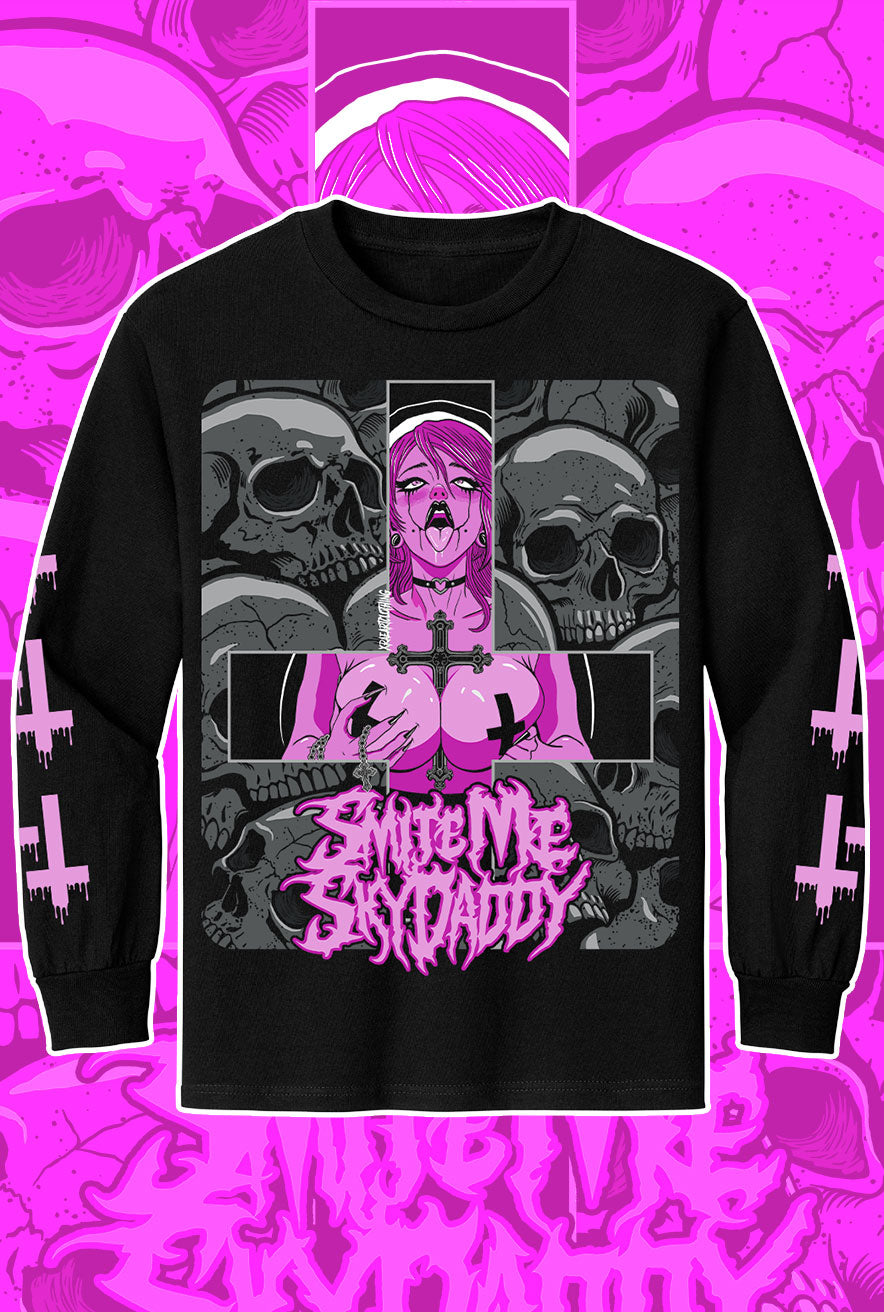 Long Sleeve sexy anime waifu nun with skulls and crosses in pink. Tattoo inspired Dark Art by Xraeart Clothing alternative streetwear.